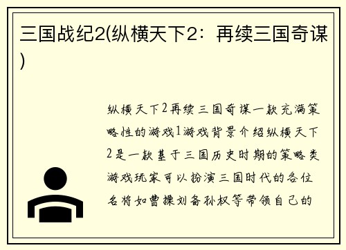 三国战纪2(纵横天下2：再续三国奇谋)