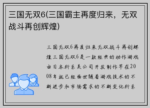 三国无双6(三国霸主再度归来，无双战斗再创辉煌)